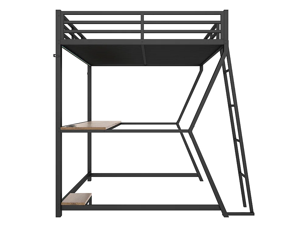 Lit mezzanine 140x200cm avec LED, bureau multifonction, support PC, prise USB, rambarde sécurisée et escalier, cadre en fer robuste