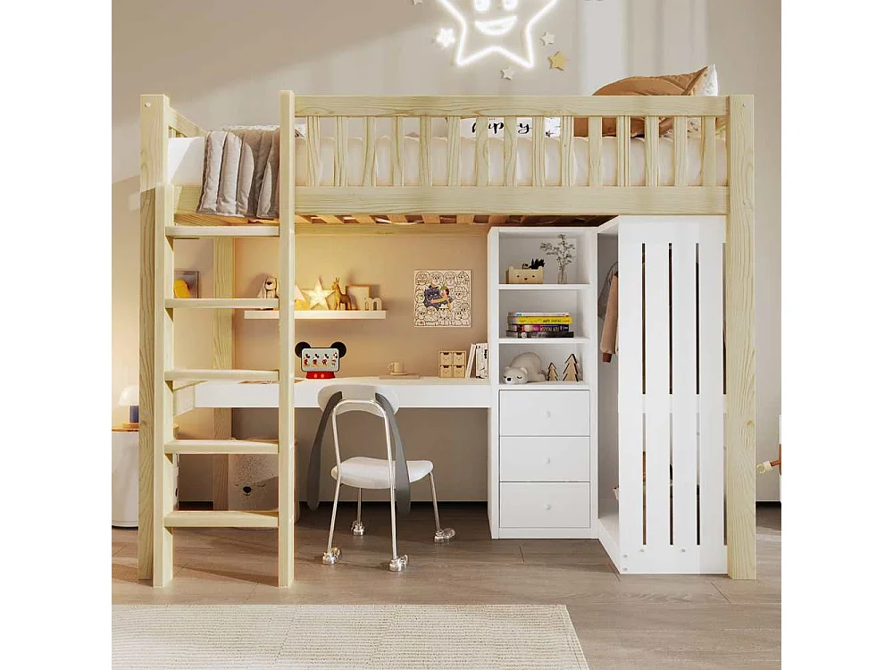 Hoogslaper 90x200 cm met bureau, kledingkast, 3 lades, open ruimte, leuning en ladder, zonder matras, robuust en duurzaam hout