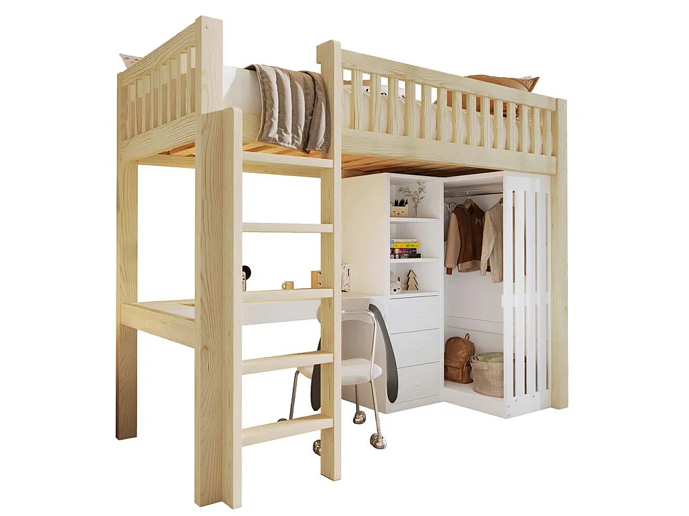 Hoogslaper 90x200 cm met bureau, kledingkast, 3 lades, open ruimte, leuning en ladder, zonder matras, robuust en duurzaam hout