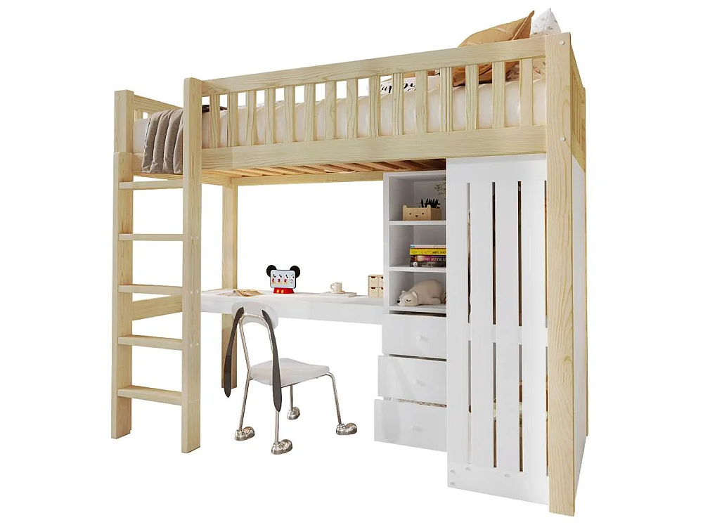 Hoogslaper 90x200 cm met bureau, kledingkast, 3 lades, open ruimte, leuning en ladder, zonder matras, robuust en duurzaam hout
