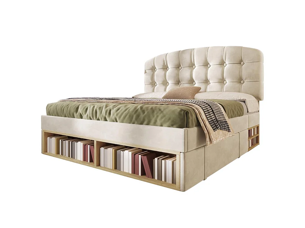 140x200 cm Lit Polster en Velours avec Tête Réglable, Rangement Intégré, Sommier à Lattes et Design Élégant