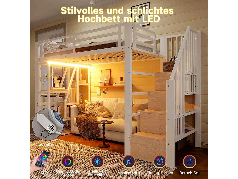 Lit mezzanine 90 x 200 cm pour enfants en métal et MDF avec étagères, marches intégrées, garde-corps, LED et rangement sous le lit, sans matelas