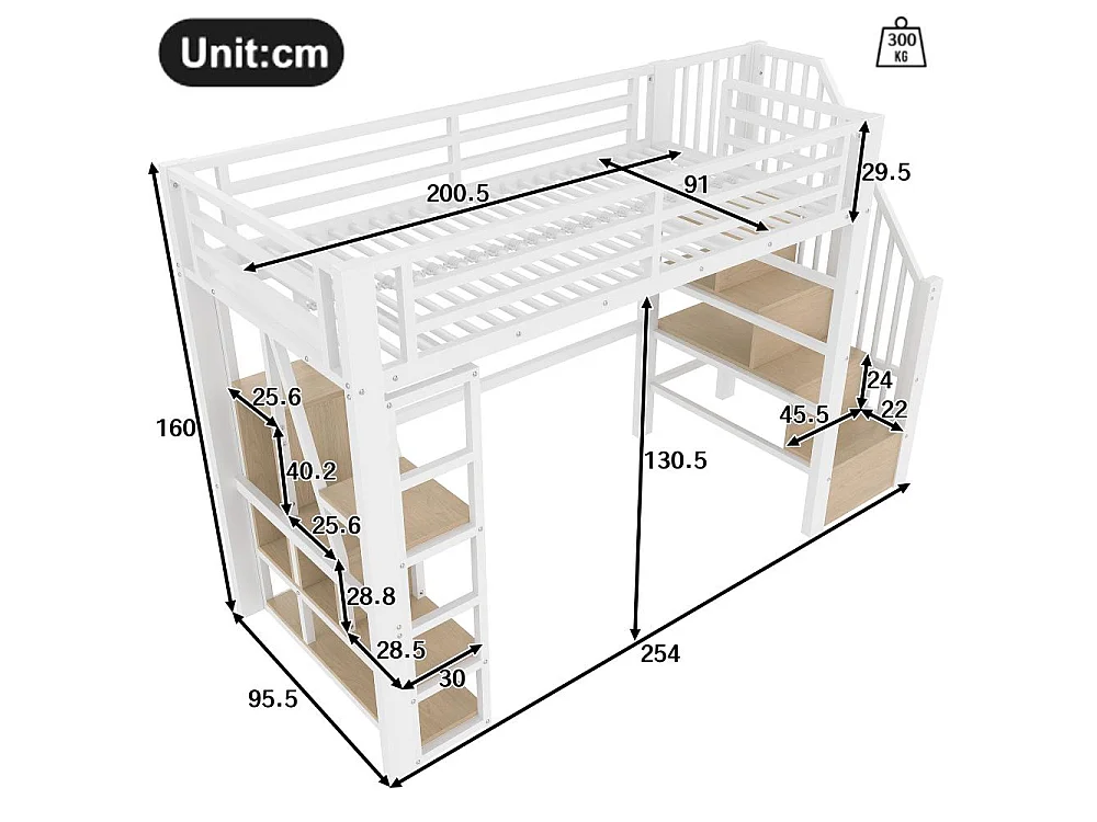 Lit mezzanine 90 x 200 cm pour enfants en métal et MDF avec étagères, marches intégrées, garde-corps, LED et rangement sous le lit, sans matelas