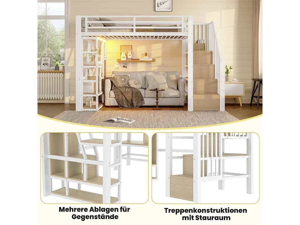 Lit mezzanine 90 x 200 cm pour enfants en métal et MDF avec étagères, marches intégrées, garde-corps, LED et rangement sous le lit, sans matelas