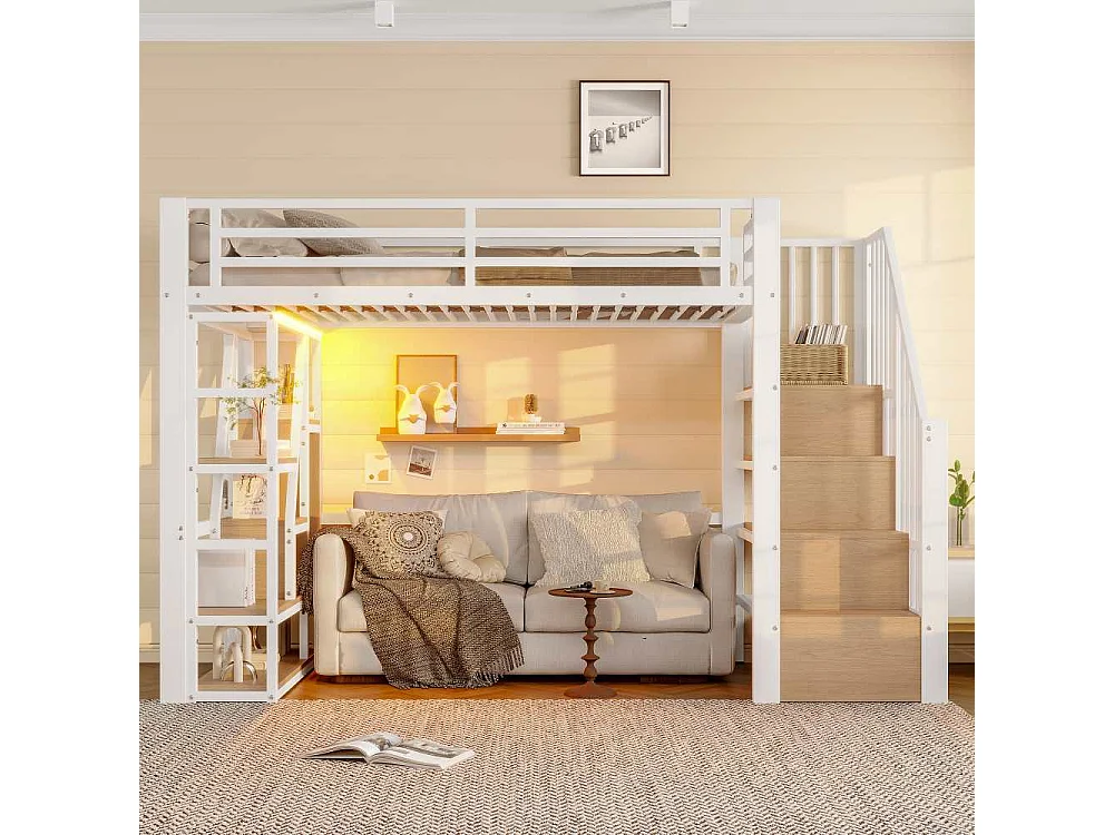Lit mezzanine 90 x 200 cm pour enfants en métal et MDF avec étagères, marches intégrées, garde-corps, LED et rangement sous le lit, sans matelas