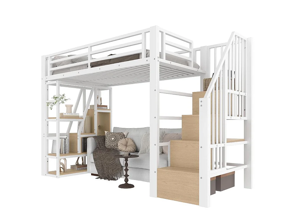 Lit mezzanine 90 x 200 cm pour enfants en métal et MDF avec étagères, marches intégrées, garde-corps, LED et rangement sous le lit, sans matelas