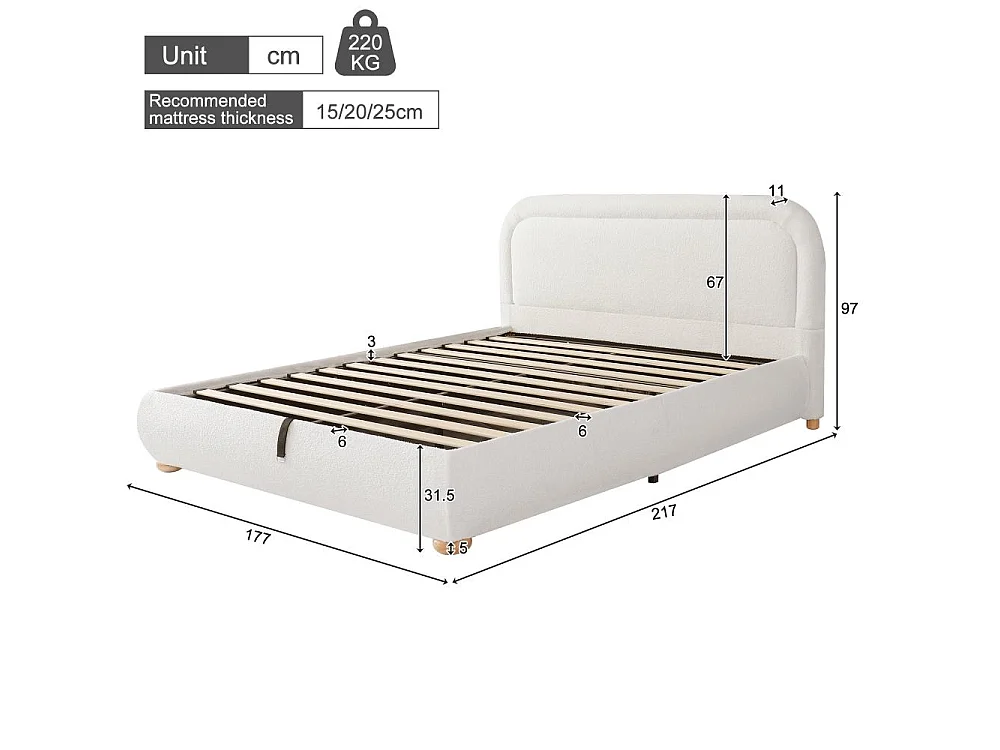 Cama doble 160x200 cm con almacenamiento hidráulico, cabecero acolchado en bouclé blanco, somier y espacio de almacenamiento inteligente