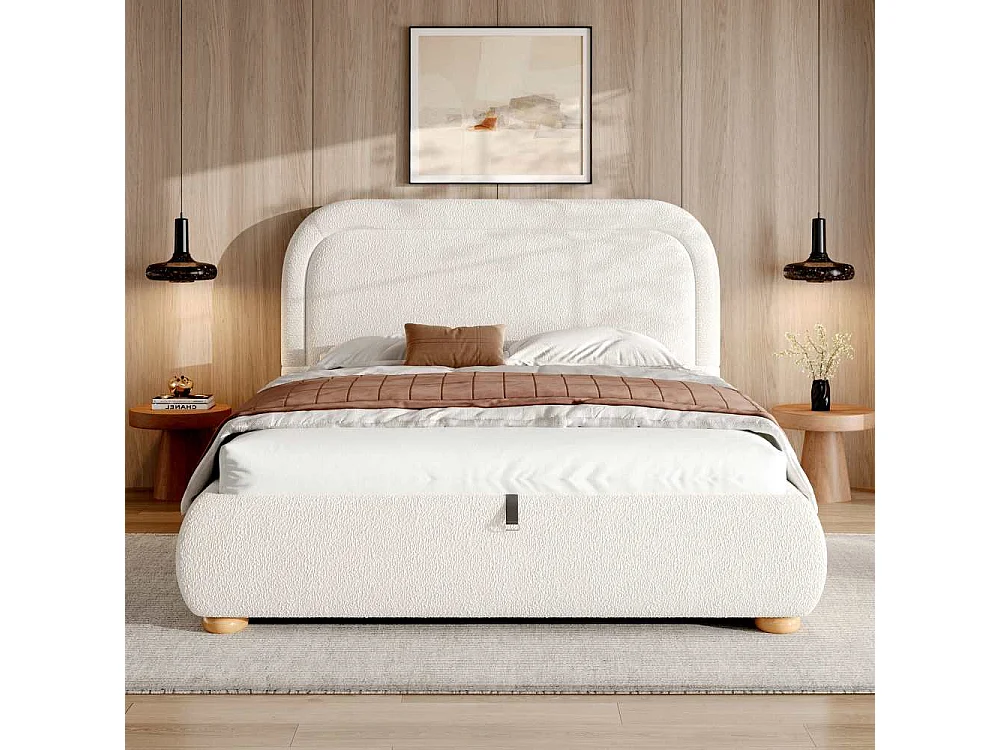 Cama doble 160x200 cm con almacenamiento hidráulico, cabecero acolchado en bouclé blanco, somier y espacio de almacenamiento inteligente