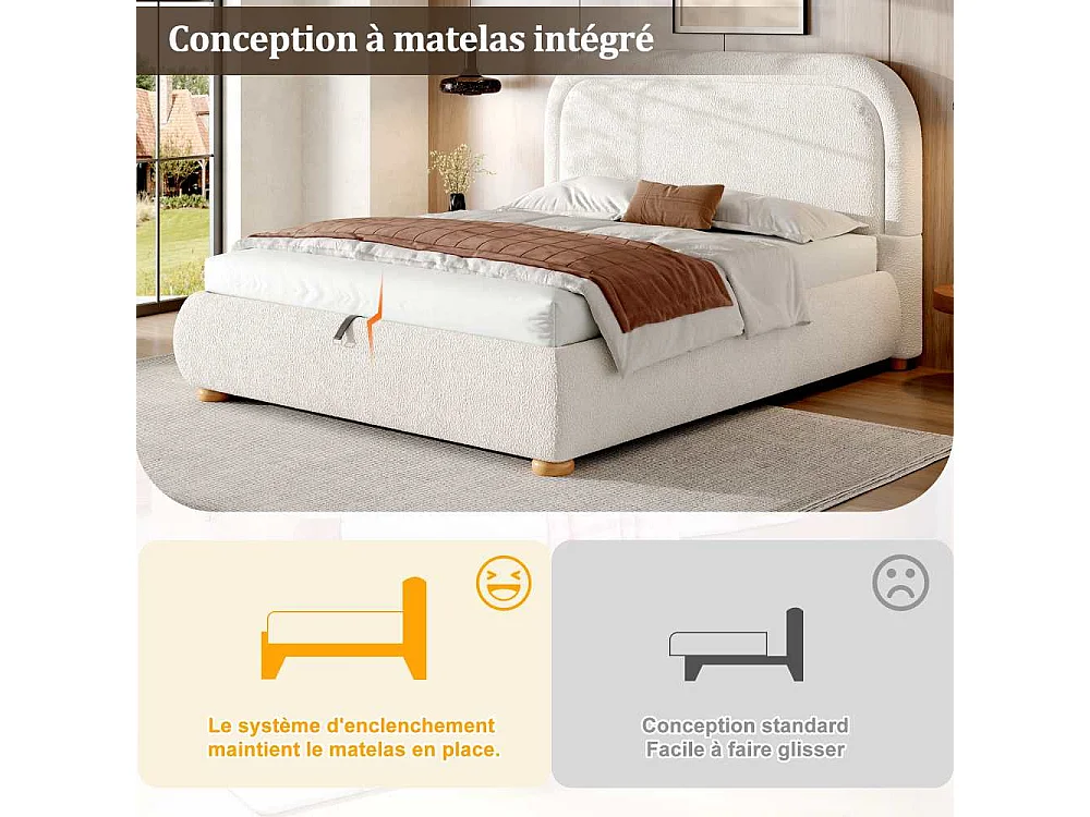 Cama doble 160x200 cm con almacenamiento hidráulico, cabecero acolchado en bouclé blanco, somier y espacio de almacenamiento inteligente