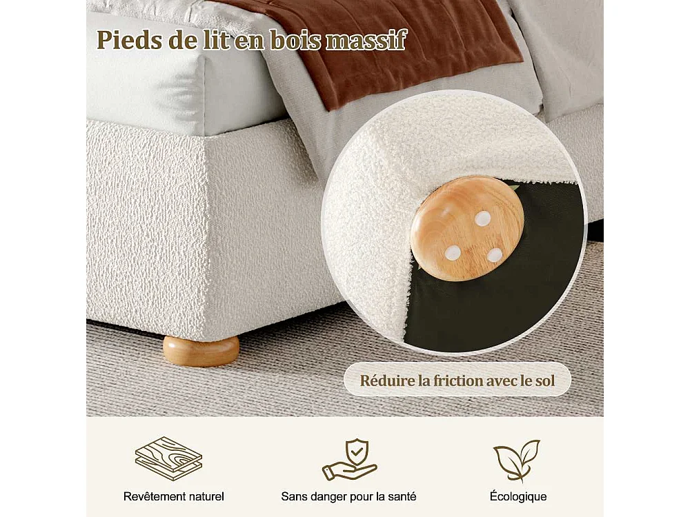 Cama doble 160x200 cm con almacenamiento hidráulico, cabecero acolchado en bouclé blanco, somier y espacio de almacenamiento inteligente