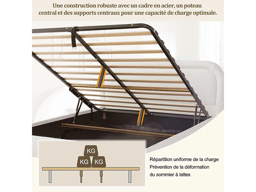 Cama doble 160x200 cm con almacenamiento hidráulico, cabecero acolchado en bouclé blanco, somier y espacio de almacenamiento inteligente