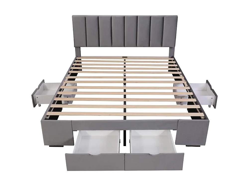 Lit en velours 160x200 cm avec lattes et 4 tiroirs, tête réglable, gris, design classique, stable et silencieux
