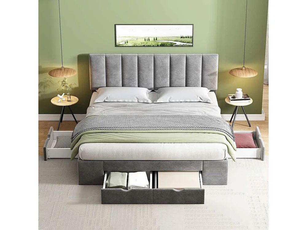 Lit en velours 160x200 cm avec lattes et 4 tiroirs, tête réglable, gris, design classique, stable et silencieux