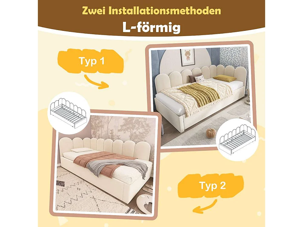 Letto imbottito Daybett 90x200 cm, divano-letto con letto estraibile 90x190 cm, letto bambino con rete, velluto, senza materasso