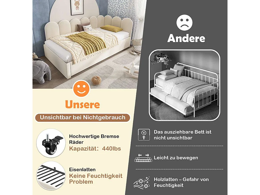 Letto imbottito Daybett 90x200 cm, divano-letto con letto estraibile 90x190 cm, letto bambino con rete, velluto, senza materasso