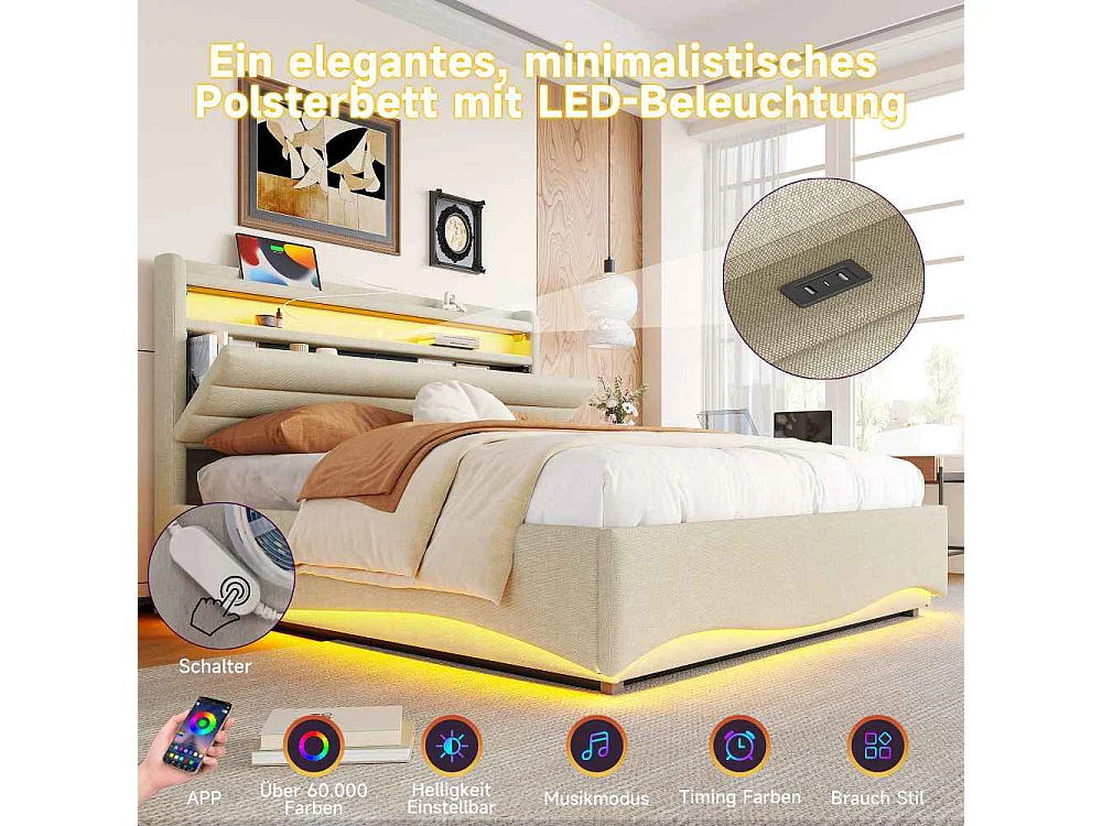 Lit tapissé 140 x 200 cm sans matelas avec éclairage LED, rangement hydraulique, ports USB et Type-C, espace de rangement intégré, tissu en lin