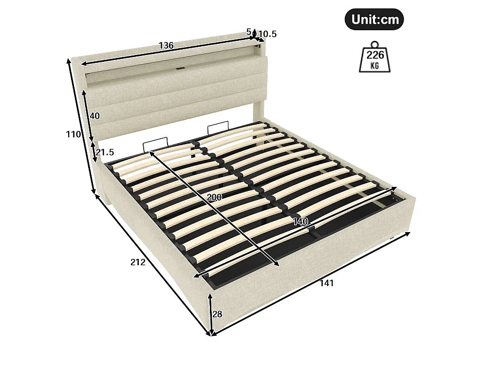 Lit tapissé 140 x 200 cm sans matelas avec éclairage LED, rangement hydraulique, ports USB et Type-C, espace de rangement intégré, tissu en lin
