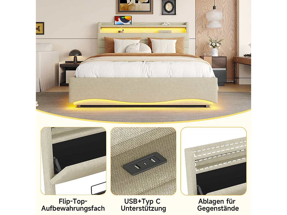 Lit tapissé 140 x 200 cm sans matelas avec éclairage LED, rangement hydraulique, ports USB et Type-C, espace de rangement intégré, tissu en lin