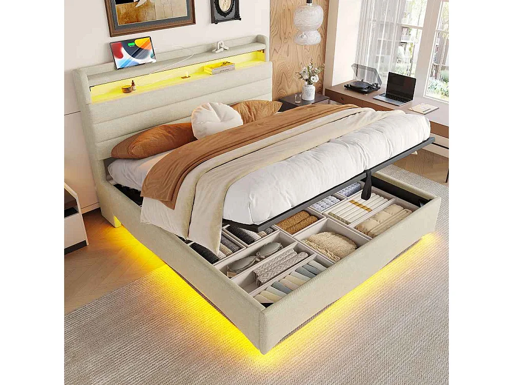 Lit tapissé 140 x 200 cm sans matelas avec éclairage LED, rangement hydraulique, ports USB et Type-C, espace de rangement intégré, tissu en lin