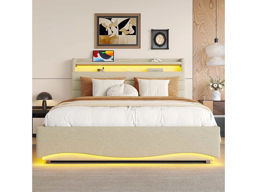 Lit tapissé 140 x 200 cm sans matelas avec éclairage LED, rangement hydraulique, ports USB et Type-C, espace de rangement intégré, tissu en lin