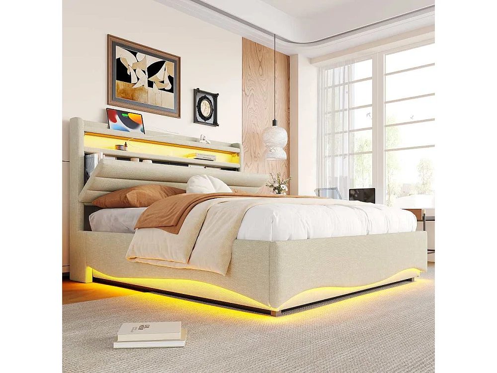 Lit tapissé 140 x 200 cm sans matelas avec éclairage LED, rangement hydraulique, ports USB et Type-C, espace de rangement intégré, tissu en lin