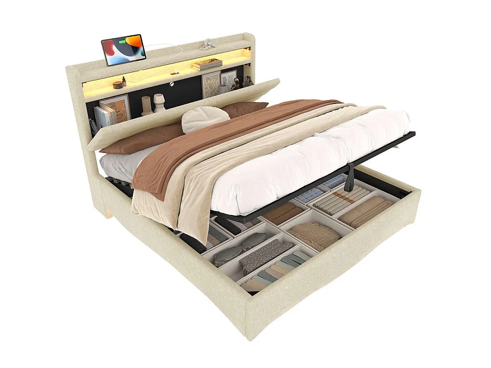 Lit tapissé 140 x 200 cm sans matelas avec éclairage LED, rangement hydraulique, ports USB et Type-C, espace de rangement intégré, tissu en lin