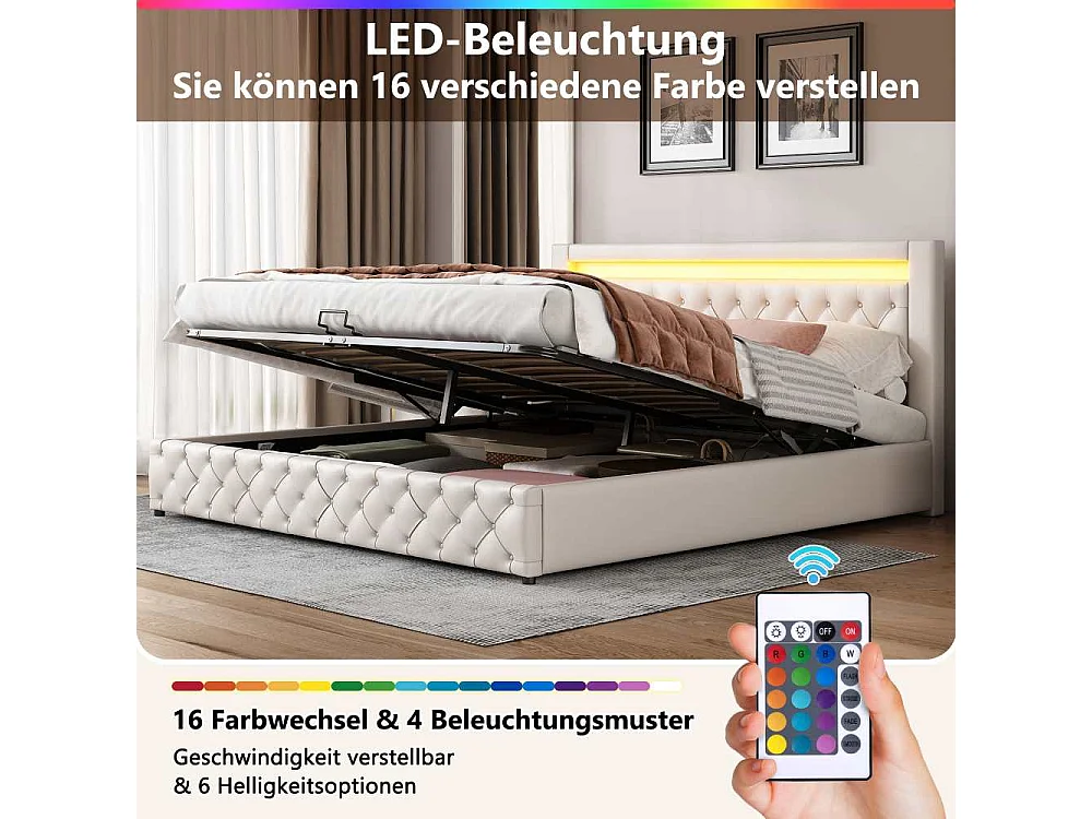 Polsterbett 180x200 cm con Somier y Gran Almacenamiento, LED Integrada, Funktionsbett PU Cómodo para Dormitorio e Invitados