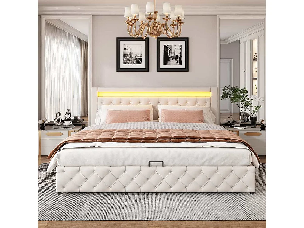 Polsterbett 180x200 cm con Somier y Gran Almacenamiento, LED Integrada, Funktionsbett PU Cómodo para Dormitorio e Invitados