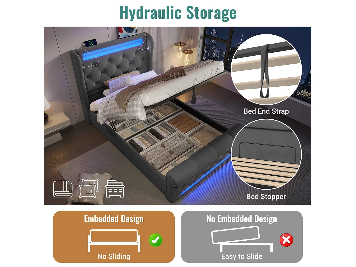 Lit Moderne avec Tête de Lit Capitonnée, 90x200cm, LED, USB et Type-C, Rangement Hydraulique, Tissu en Velours (Sans Matelas)