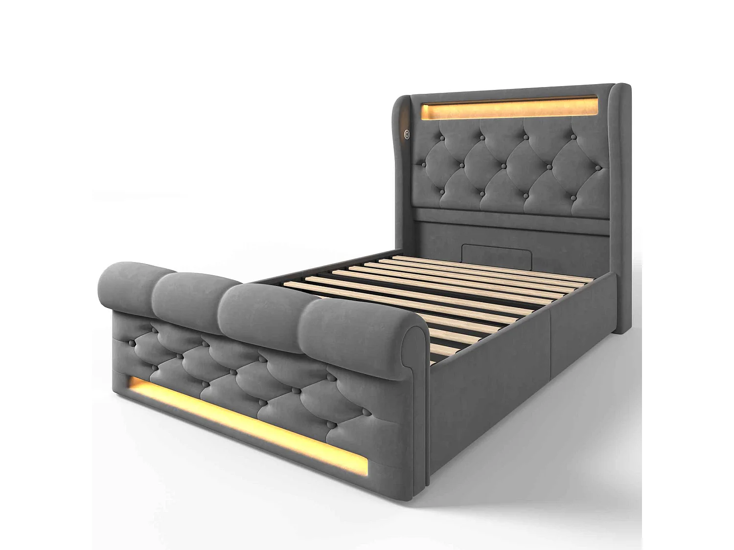 Lit Moderne avec Tête de Lit Capitonnée, 90x200cm, LED, USB et Type-C, Rangement Hydraulique, Tissu en Velours (Sans Matelas)