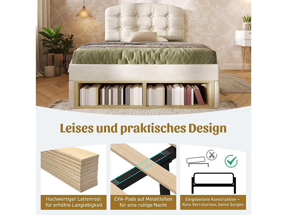 90x200 cm Cama Tapizada en Terciopelo con Cabecero Ajustable, Almacenamiento Integrado, Somier de Lamas y Diseño Elegante