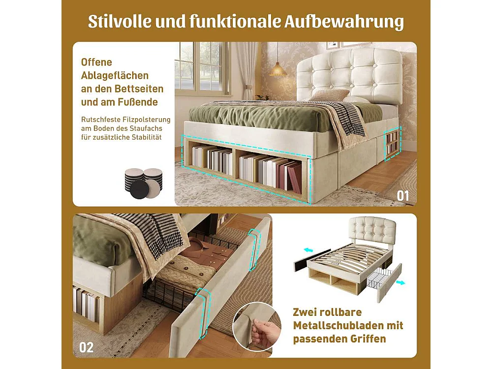 90x200 cm Cama Tapizada en Terciopelo con Cabecero Ajustable, Almacenamiento Integrado, Somier de Lamas y Diseño Elegante
