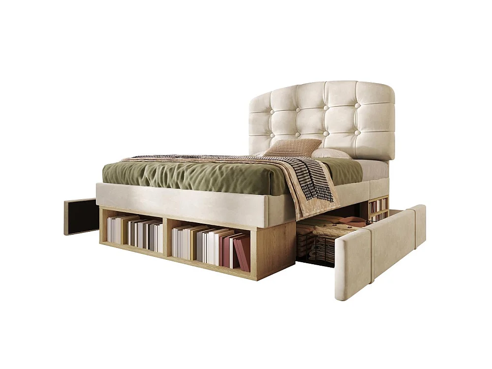 90x200 cm Cama Tapizada en Terciopelo con Cabecero Ajustable, Almacenamiento Integrado, Somier de Lamas y Diseño Elegante