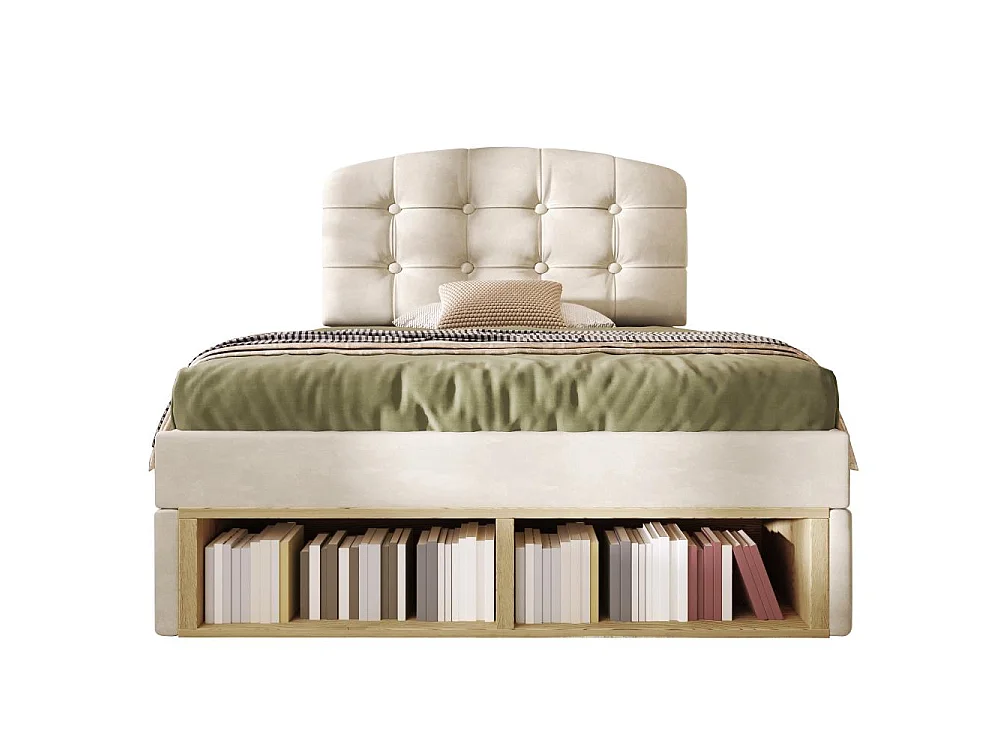 90x200 cm Cama Tapizada en Terciopelo con Cabecero Ajustable, Almacenamiento Integrado, Somier de Lamas y Diseño Elegante