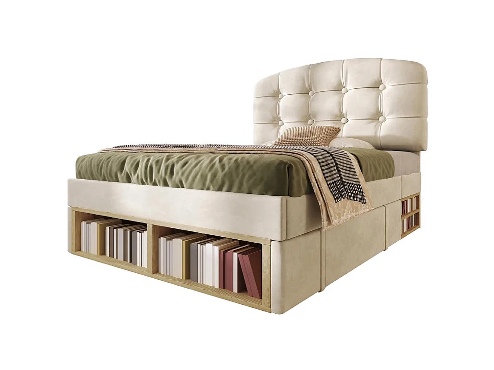 90x200 cm Cama Tapizada en Terciopelo con Cabecero Ajustable, Almacenamiento Integrado, Somier de Lamas y Diseño Elegante