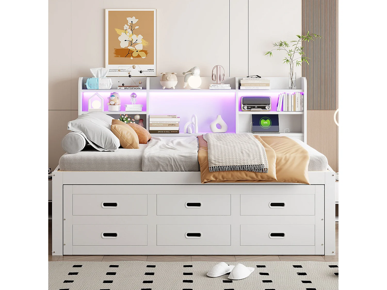 Canapé-lit Multifonction avec Télécommande LED, 140 x 200cm, 3 Tiroirs et Rangement, Design Extensible avec USB et Type-C, Blanc