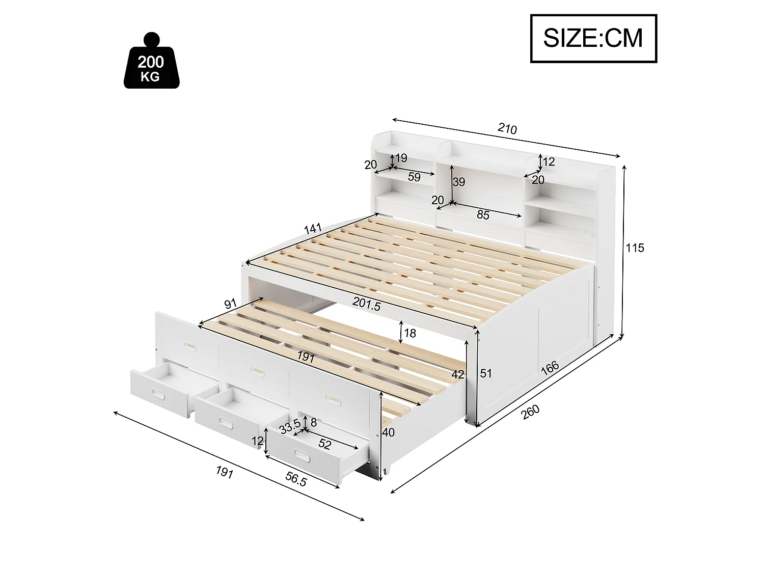 Canapé-lit Multifonction avec Télécommande LED, 140 x 200cm, 3 Tiroirs et Rangement, Design Extensible avec USB et Type-C, Blanc