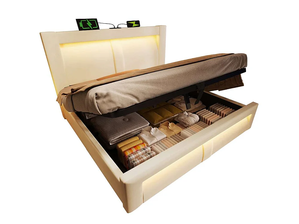 Lit double 180x200 cm avec rangement hydraulique, LED contrôlable par app, USB & Type-C intégrés, tête de lit incurvée, sans matelas