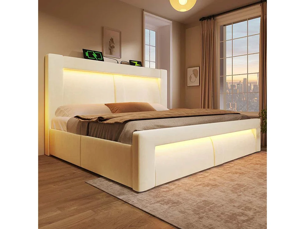 Lit double 180x200 cm avec rangement hydraulique, LED contrôlable par app, USB & Type-C intégrés, tête de lit incurvée, sans matelas