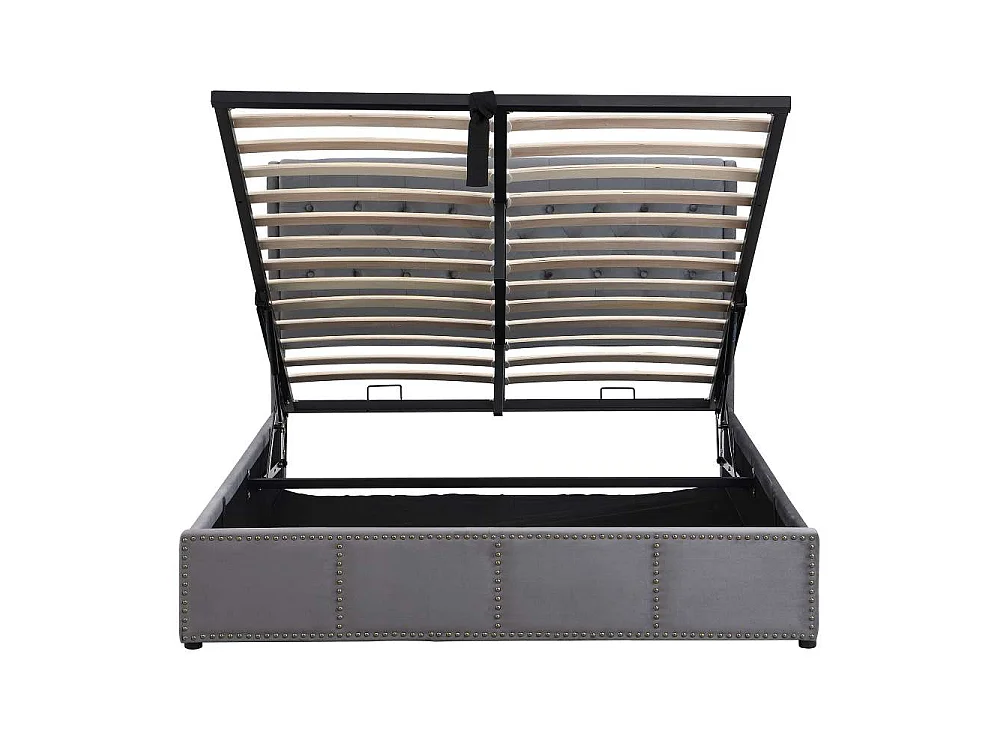 Lit rembourré 140x190 cm gris en velours avec vérin hydraulique, rangement intégré, tête de lit cloutée et design élégant