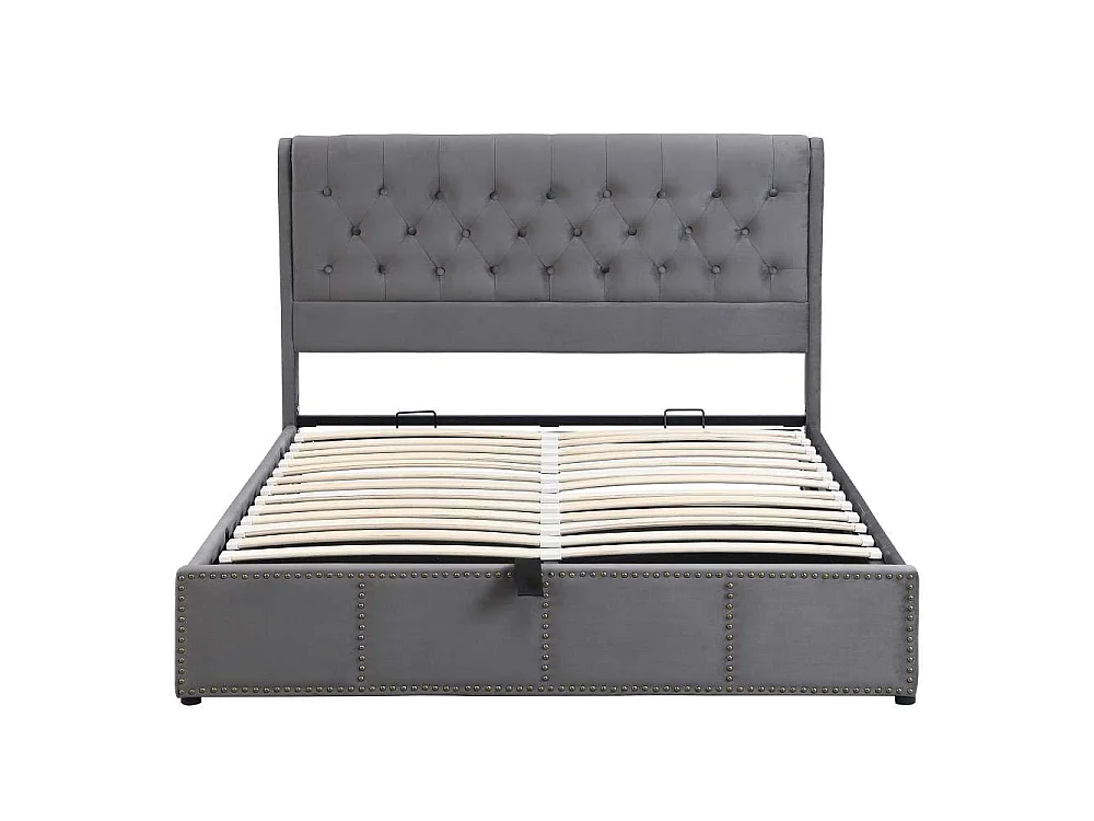 Lit rembourré 140x190 cm gris en velours avec vérin hydraulique, rangement intégré, tête de lit cloutée et design élégant