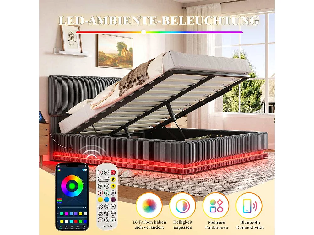 140*200 cm Lit Polster Moderne avec LED, USB-C, Cord-Satin, Rangement Spacieux et Tête Réglable