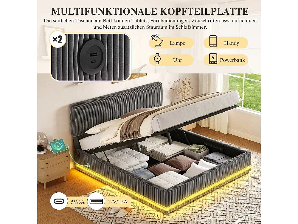 140*200 cm Lit Polster Moderne avec LED, USB-C, Cord-Satin, Rangement Spacieux et Tête Réglable