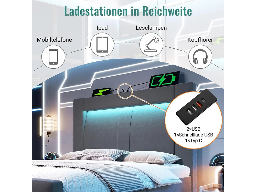Lit simple 90x200 cm avec rangement hydraulique, LED contrôlable par app, USB & Type-C intégrés, tête de lit incurvée, sans matelas