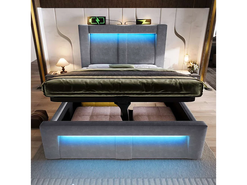 Lit simple 90x200 cm avec rangement hydraulique, LED contrôlable par app, USB & Type-C intégrés, tête de lit incurvée, sans matelas