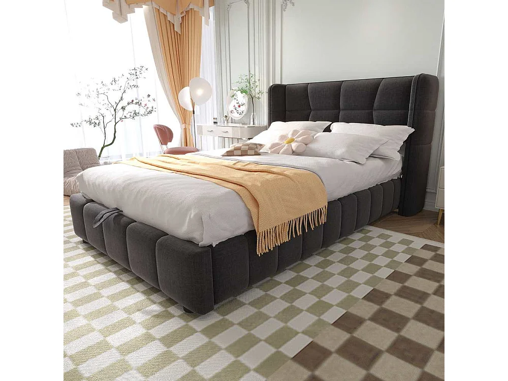 90 x 200 cm Polsterbett Kinderbett Stauraumbett mit Lattenrost, Kopfteil, Leinenbezug und Hebemechanismus, robustes Jugendbett bis 150 kg