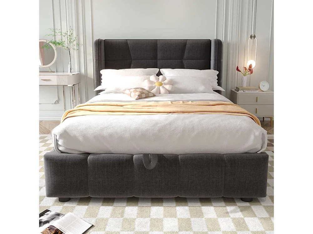 90 x 200 cm Polsterbett Kinderbett Stauraumbett mit Lattenrost, Kopfteil, Leinenbezug und Hebemechanismus, robustes Jugendbett bis 150 kg