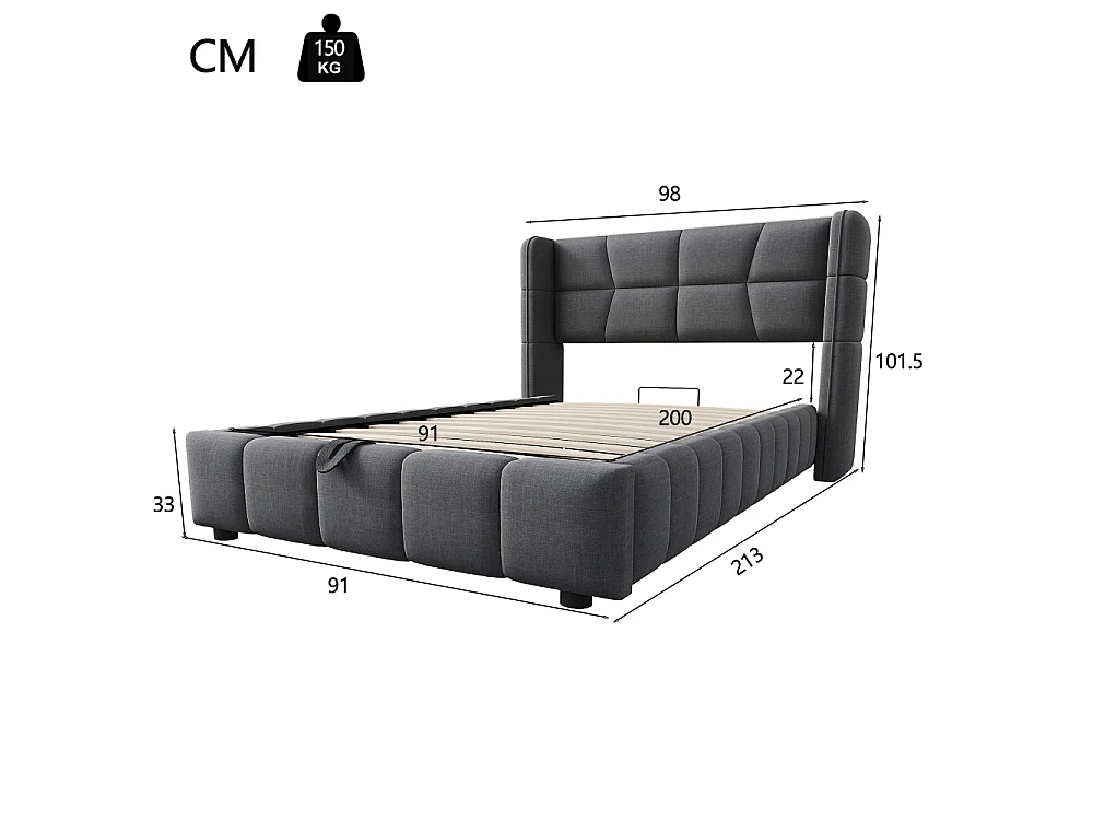90 x 200 cm Polsterbett Kinderbett Stauraumbett mit Lattenrost, Kopfteil, Leinenbezug und Hebemechanismus, robustes Jugendbett bis 150 kg