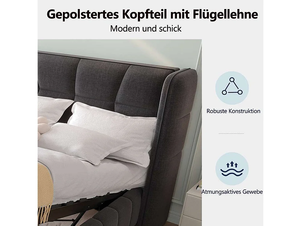 90 x 200 cm Polsterbett Kinderbett Stauraumbett mit Lattenrost, Kopfteil, Leinenbezug und Hebemechanismus, robustes Jugendbett bis 150 kg