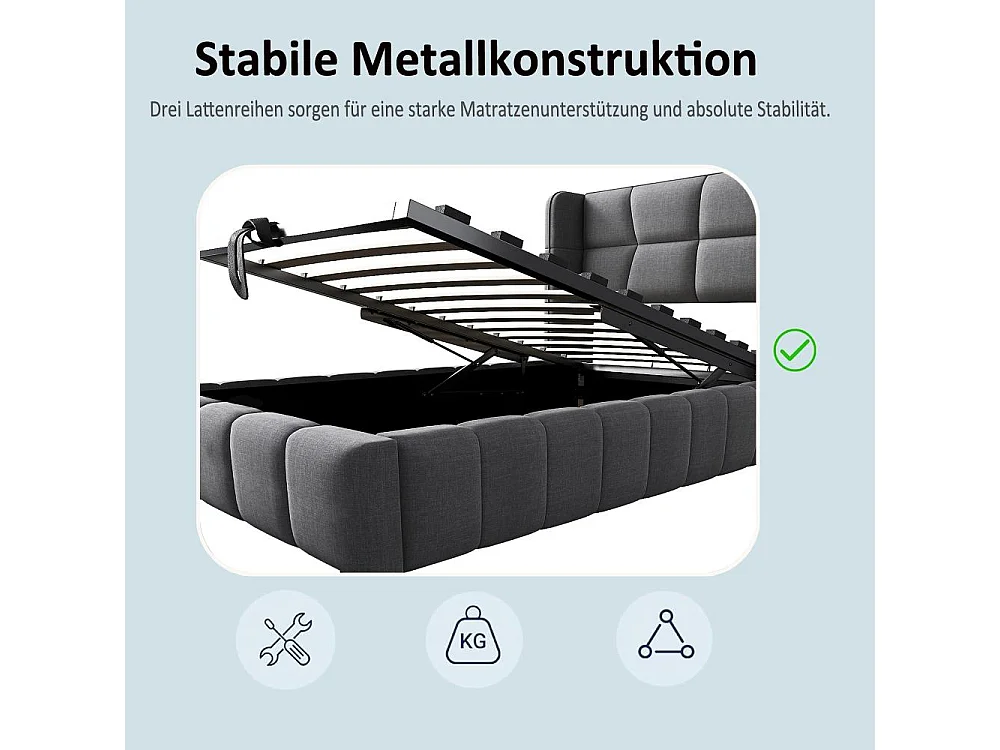 90 x 200 cm Polsterbett Kinderbett Stauraumbett mit Lattenrost, Kopfteil, Leinenbezug und Hebemechanismus, robustes Jugendbett bis 150 kg